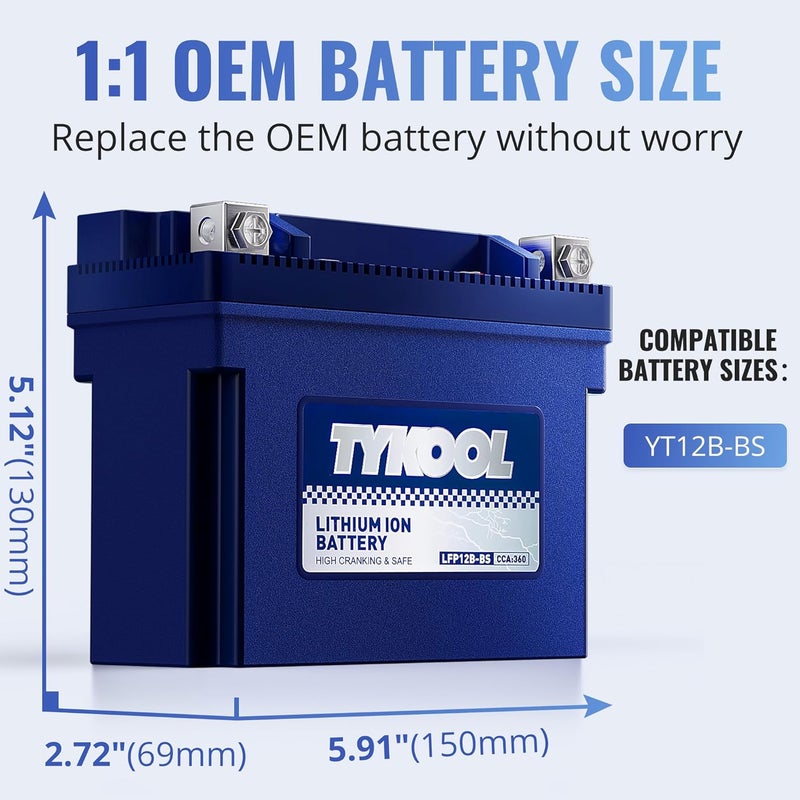 TYKOOL YT12B-BS, 3X Cranking Amps,Lithium LiFePO4 Motorcycle Battery, 12V 6Ah, 360CCA,Powersports Battery, Compatible for Ducati,Kawasaki 1000cc,Triumph 865cc,Yamaha 600cc,1000cc - Image 2